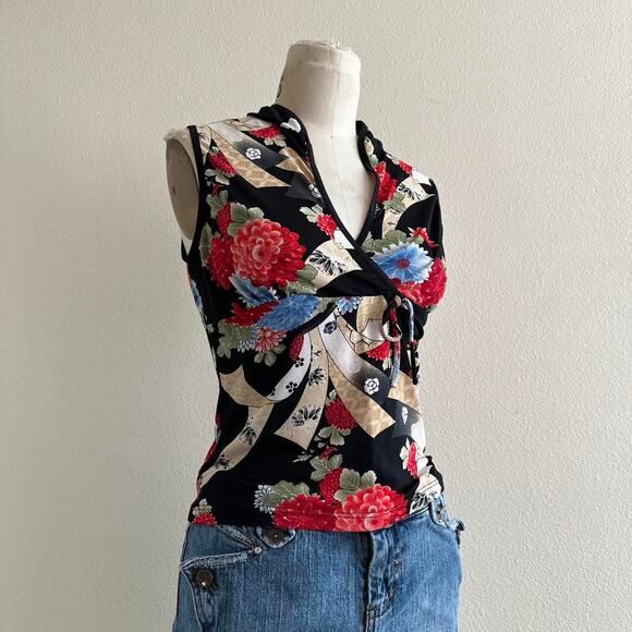 Vintage black floral print sleeveless top size L - Picture 2 of 8